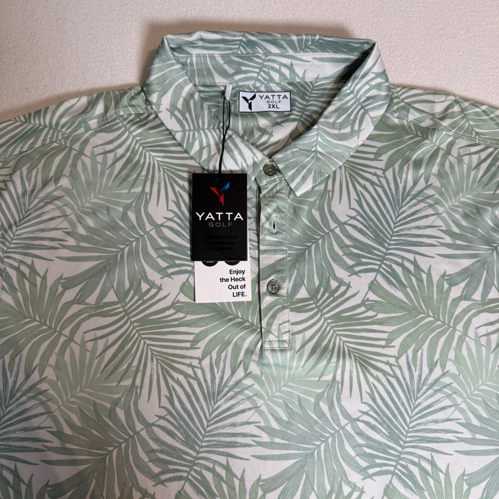 Yatta Golf Polo Shirt‎ Green Palm Leaf Mens XL 4-Way Stretch Wrinkle Resistant